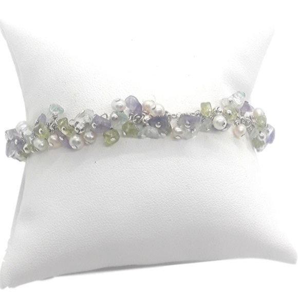 Sterling Silver Bracelet with Purple Green & Pearl - Picture 1 of 7